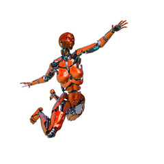 cyborg female comic explosion pose in a white background