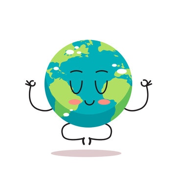 cute earth character sitting lotus pose cartoon mascot globe personage save planet meditation concept isolated