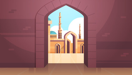 nabawi mosque building architecture exterior view through an arch religion concept muslim cityscape horizontal flat
