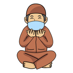 Muslim man praying at night,ramadan month, using mask and healthy protocol.Character illustration.