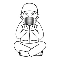 Muslim man praying at night,ramadan month, using mask and healthy protocol.Character illustration.
