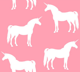 Vector seamless pattern of flat unicorn silhouette isolated on pink background
