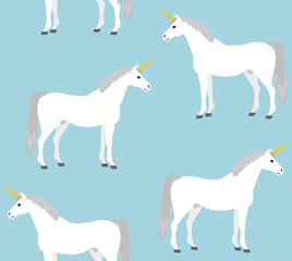 Vector seamless pattern of white flat cartoon unicorn isolated on blue background