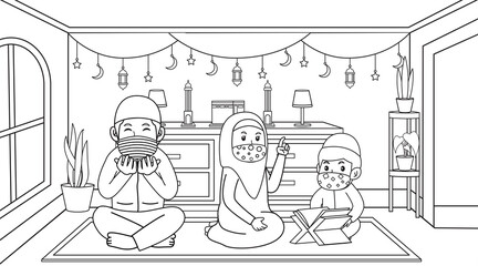 During the corona virus pandemic, Muslim activity and pray.learning kids muslim, boys reading holy book muslim al-quran,using masks and health protocols.children book illustration