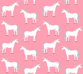 Vector seamless pattern of white flat cartoon unicorn isolated on pink background