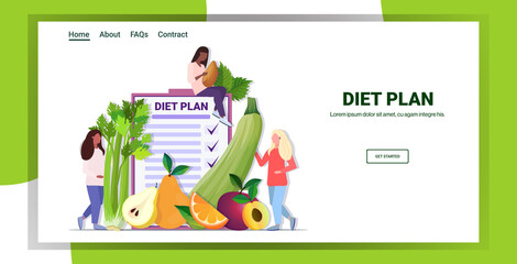 people holding different organic fruits herbs mix race women planning weight loss program diet plan healthy nutrition concept horizontal copy space