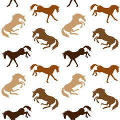 Vector seamless pattern of different color hand drawn kicking horse silhouette isolated on white background