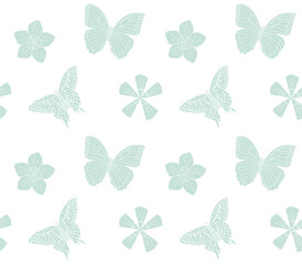 Vector seamless pattern of mint green hand drawn doodle sketch butter fly and flowers isolated on white background