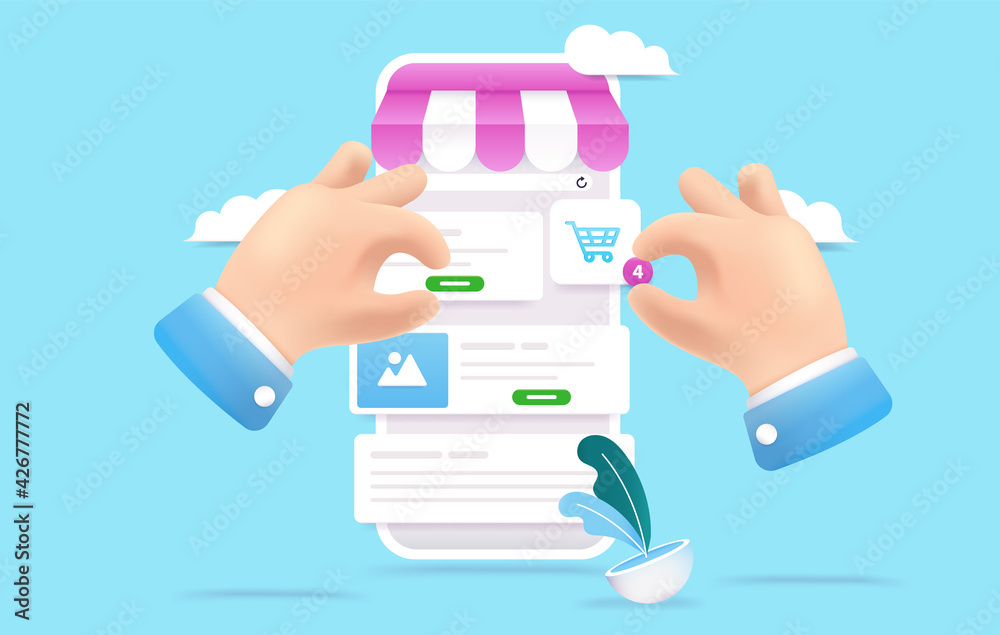 Aufkleber Building an online shop - Hands developing web shop with various user interface elements. Shopping and e-commerce concept. Editable vector illustration.