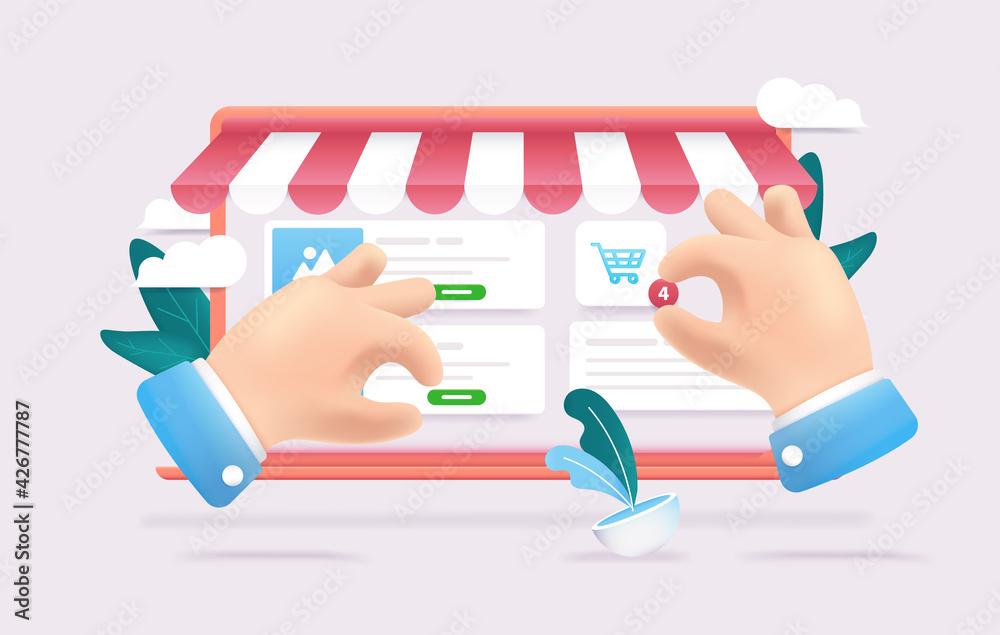 Poster e-commerce - web shop on laptop computer with cartoon hands shopping and interacting. online store a