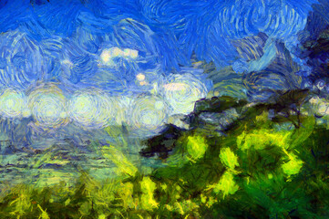 Mountain landscape of forests and ground Illustrations creates an impressionist style of painting.