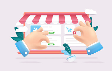 E-commerce - Web shop on laptop computer with cartoon hands shopping and interacting. Online store and business concept. Vector illustration.