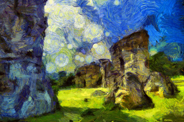 A landscape of large boulders in the middle of the forest like Stonehenge. Illustrations creates an impressionist style of painting.