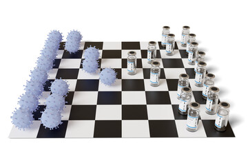 Chess game between vaccines and coronavirus. 3d illustration.
