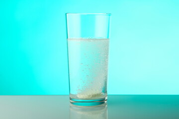 dissolving pill dissolves in water on colored background. a glass of water and an effervescent paracetamol tablet. the medicine tablet dissolves in a glass of water