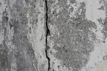 Texture of an old cracked concrete wall. Rough gray concrete surface. The gap between the reinforced concrete slabs. Perfect for background and design. Close-up. High resolution.