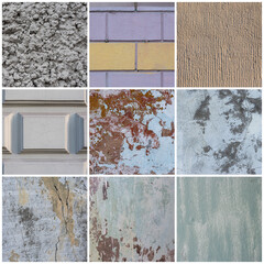 Wall texture set. Rough surfaces of the plastered and colored concrete walls with patterns of...