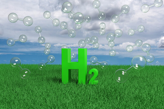 Green h2 text on the grass with a blue sky with white clouds in the background. 3d illustration.