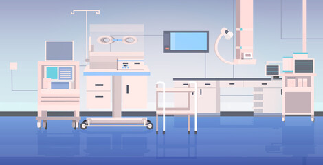 hospital operating table and medical devices modern clinic surgery room hospital interior intensive therapy surgical procedures concept horizontal