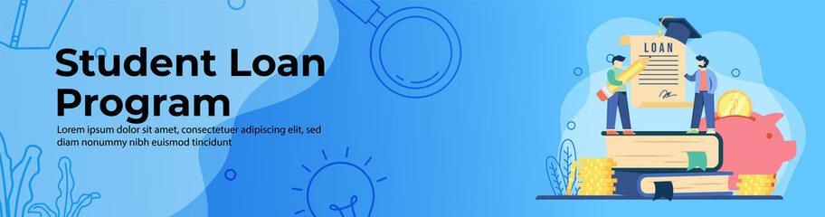 Student Loan Program Web Banner Design. students do the student exchange signatures on unrolled student loan paper. Scholarship, saving money for education concept header or footer banner illustration