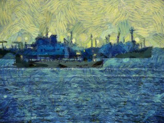 Naklejka premium The landscape of the city harbor Illustrations creates an impressionist style of painting.