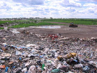 Russia, Novosibirsk 01.01.1980: a large stinking pile of garbage industrial waste in a landfill...