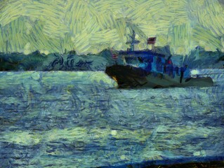 A towed boat sailing on the river Illustrations creates an impressionist style of painting.