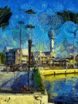 The landscape of the tall tower to view the city Illustrations creates an impressionist style of painting. © Kittipong
