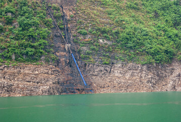 Yangtze River, Three Gorges, China - May 6, 2010: Xiangxicun region in Xiling Gorge. Closeup of...