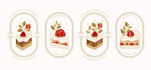 Collection of Vintage Cake Logo and Food Label with Strawberry, Rose Flower, Green Tea, Chocolate, Caramel, Frame, & Floral Elements