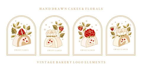 Collection of Vintage Roll Cake Logo and Food Label with Strawberry, Rose, Peony Flower, Frame, & Floral Elements