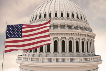 Beautiful flag of the United States of America waving with the strong wind and behind it the dome of the Capitol USA 3D RENDER, 3D RENDERING..