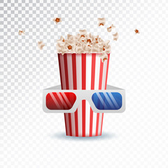 Realistic cinema movie poster template with film reel, clapper, popcorn, 3D glasses
