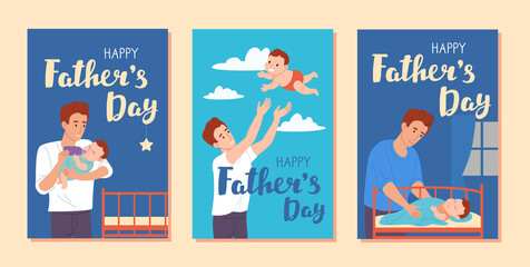 Set of Happy Father's Day cards. A young father feeds the child from a baby bottle, next to him is a cot. Dad throws the child into the clouds. Vector greeting cards in a flat style on a beige