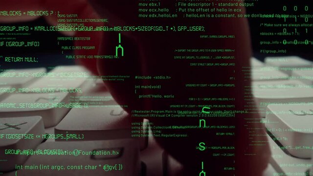 Creative visual of computer programming coding and software development shown by man working on computer keyboard with overlay of computer graphic displaying abstract program codes and computer script