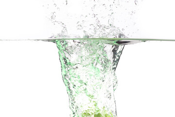Fototapeta na wymiar juicy green apple falls into the water on a white background, place under the text
