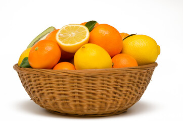 lemons and tangerines basket with citrus fruits on white background close-up