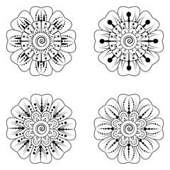 Set of Mehndi flower for henna, mehndi, tattoo, decoration. decorative ornament in ethnic oriental style. coloring book page.