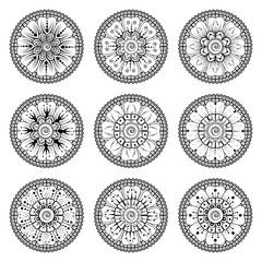 Set of Mehndi flower for henna, mehndi, tattoo, decoration. decorative ornament in ethnic oriental style. coloring book page.