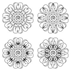 Set of Mehndi flower for henna, mehndi, tattoo, decoration. decorative ornament in ethnic oriental style. coloring book page.