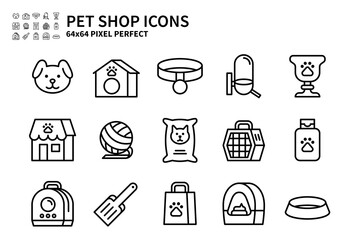 Simple Set of Pet Shop Vector Line Filled Color Icons. Contains icons like Dog head, Pet trophy, Pet shampoo, Pet leashes and more. 64x64 Pixel Perfect.