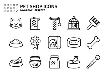 Simple Set of Pet Shop Vector Line Icons. Contains icons like Cat head, Pet milk, Bird cage, Pet food and more. 64x64 Pixel Perfect.