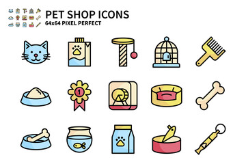 Simple Set of Pet Shop Vector Line Filled Color Icons. Contains icons like Cat head, Pet milk, Bird cage, Pet food and more. 64x64 Pixel Perfect.