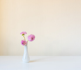 Close up of small white vase with pink dahlias on shelf against beige wall