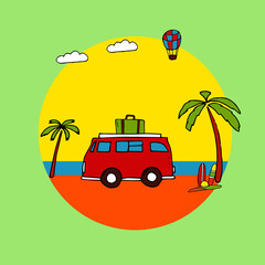 The red retro minibus near the sea and palm trees. Vector