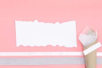 Brown paper funnel have empty white paper for text and empty copy space for text on white paper White Ribbon frame on pink background with valentines. Valentines day concept festive food gifts