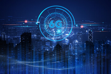 6G network digital hologram and internet of things on blue smart city background