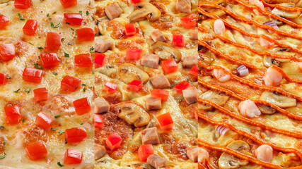 There are three types of pizza. Macro details of ingredients. Italian food concept. Appetizing pizza.