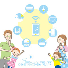 笑顔の家族と家電のアイコン