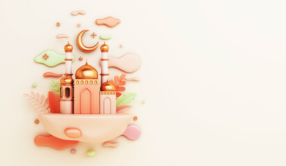 Islamic decoration background with mosque, crescent moon, leaves, cloud cartoon style, Ramadan Kareem, iftar, Isra  Miraj, eid al Fitr Adha, Muharram, copy space text area, 3D illustration.